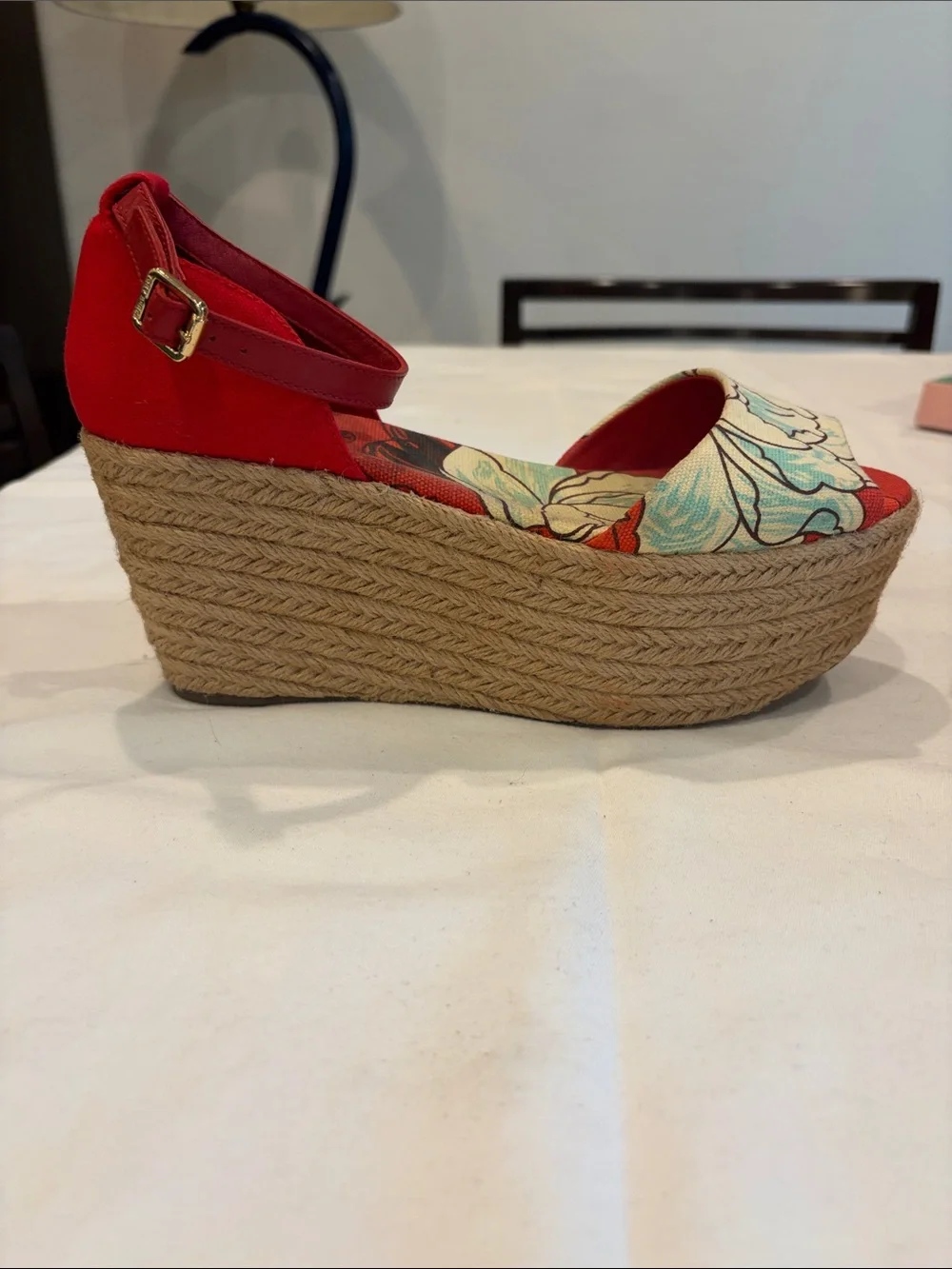 Tory Burch Red Floral Espadrille Wedge Sandals - Women Sz 8.5